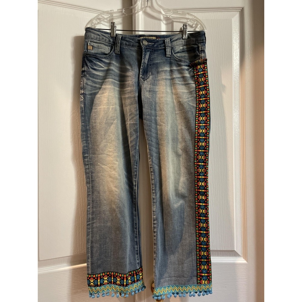 Dear John Jeans‎ Womens 30 Blue Playback Straight Boho Pom Pom Hem Side Trim